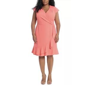 London Times Dress Plus Size 18W Pleated Flounce Surplice Coral 🧡NEW🩷Fit Flare